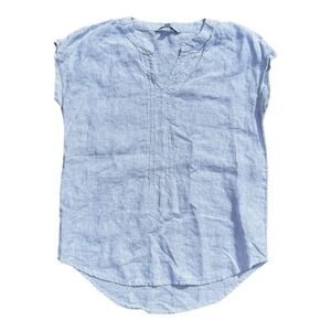 Adrienne Vittadini Blue White 100% Linen Pinstripe‎ Pintuck Notch Neck Blouse XS